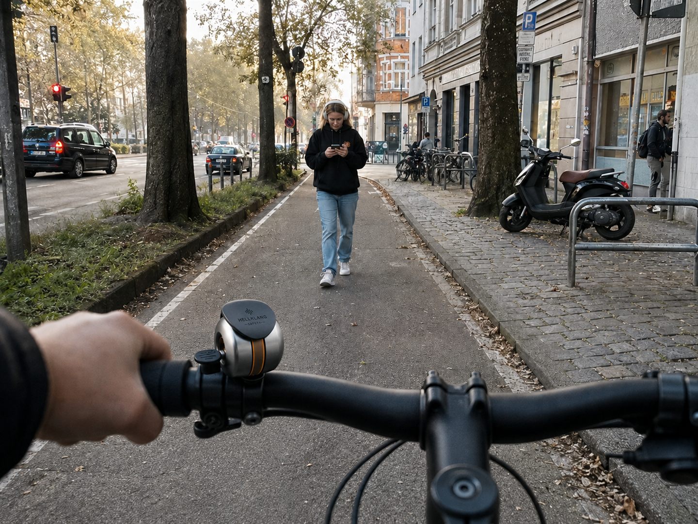 Radfahrer nähert sich einer Fußgängerin mit Noise-Cancelling-Kopfhörern, die ihn nicht hört